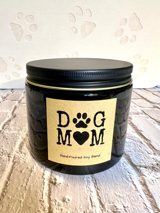 Candle jar labeled 'Dog Mom' 